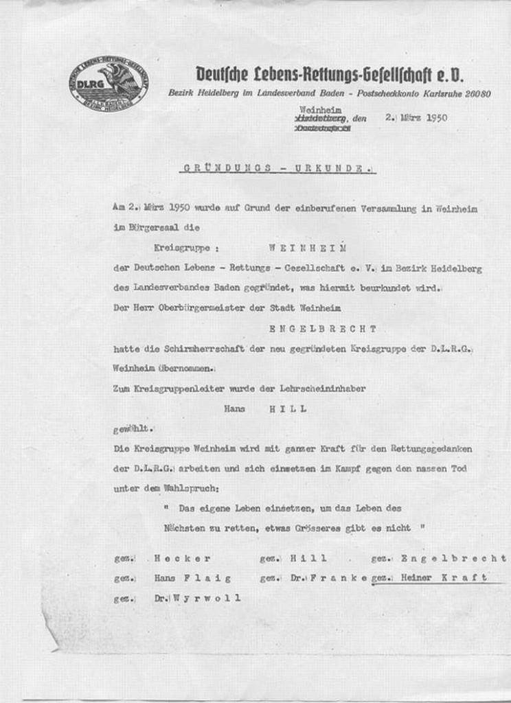 Gründungsurkunde DLRG Weinheim